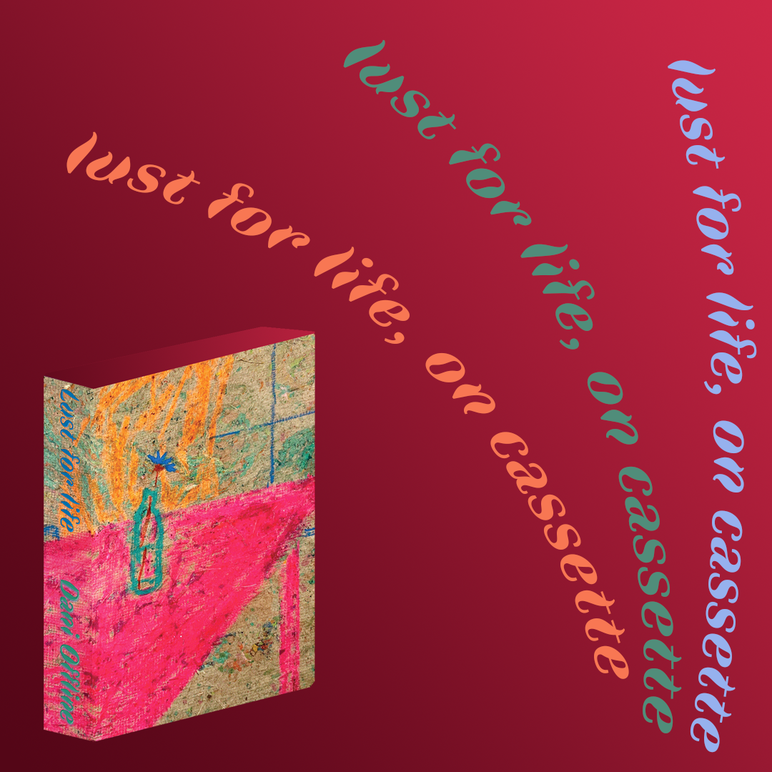 a cassette with cover art for lust for life - a pink table is in front of an open window with orange curtains; a card with galaxies and a question mark