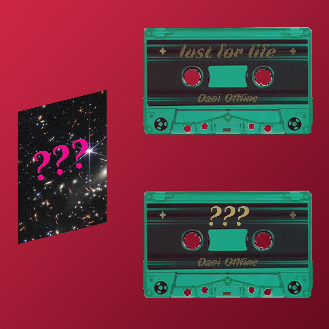 a card with galaxies and a question mark and two green cassette tapes